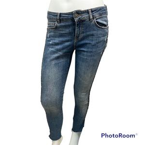 Zara Multicolor Fabric Side Stripe Distressed Skinny Blue Denim Jeans - Size 4